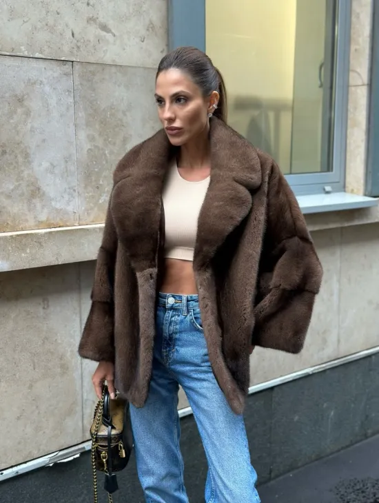 Норковый полушубок с английским воротником - цвет орех