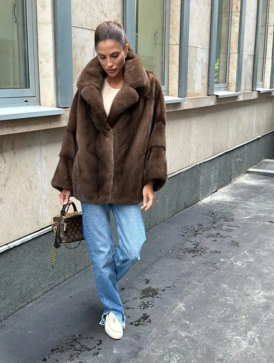 Норковый полушубок с английским воротником - цвет орех