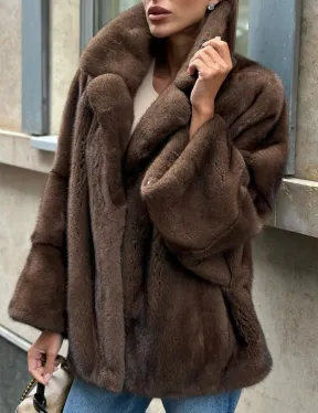 Норковый полушубок с английским воротником - цвет орех