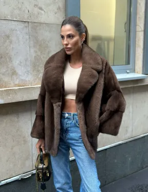 Норковый полушубок с английским воротником - цвет орех