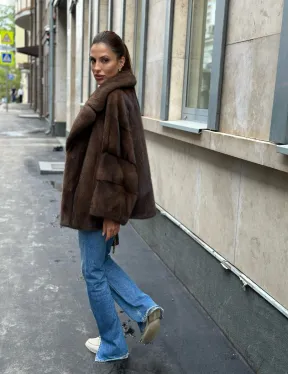 Норковый полушубок с английским воротником - цвет орех