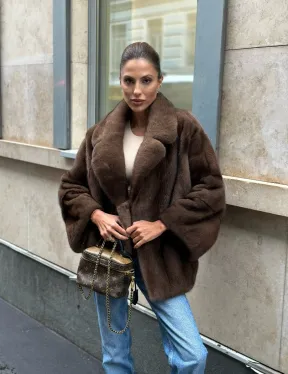 Норковый полушубок с английским воротником - цвет орех