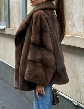 Норковый полушубок с английским воротником - цвет орех