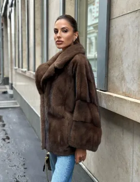 Норковый полушубок с английским воротником - цвет орех