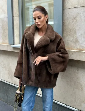 Норковый полушубок с английским воротником - цвет орех