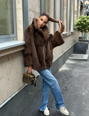 Норковый полушубок с английским воротником - цвет орех