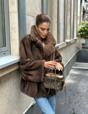 Норковый полушубок с английским воротником - цвет орех