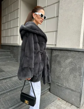 Норковая шуба с капюшоном цвет графит