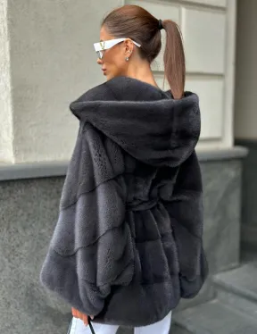 Норковая шуба с капюшоном цвет графит