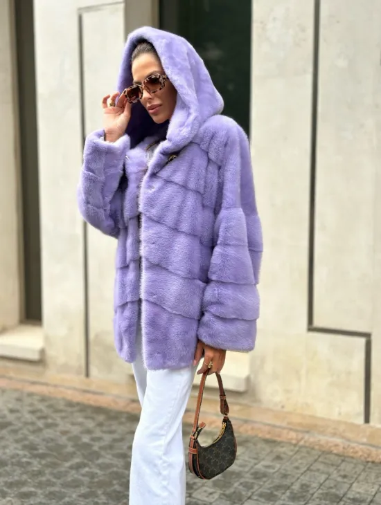 Короткая норковая шуба с капюшоном - цвет лиловый