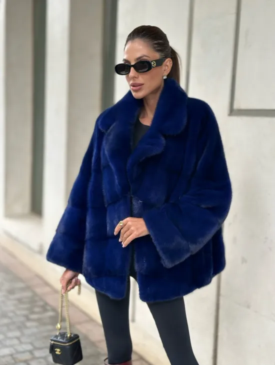 Норковая велюровая шуба  - автоледи в синем цвете