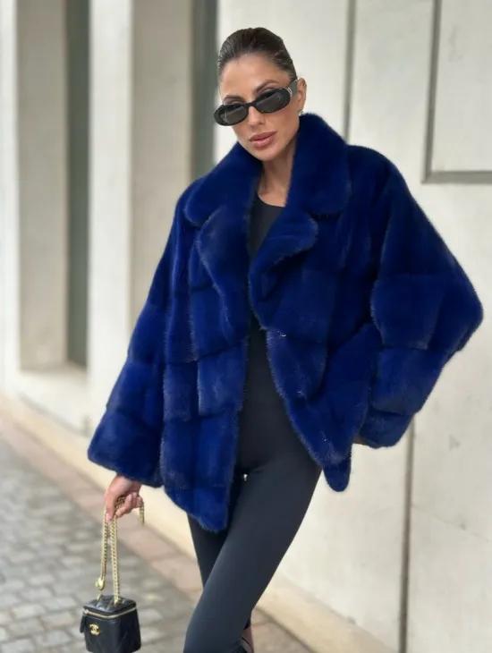 Норковая велюровая шуба  - автоледи в синем цвете