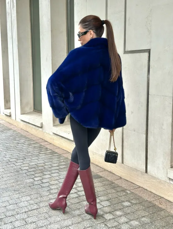 Норковая велюровая шуба  - автоледи в синем цвете