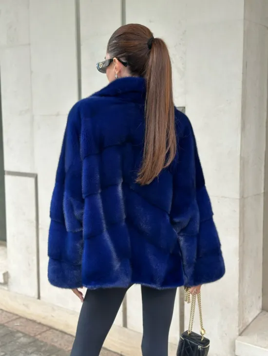 Норковая велюровая шуба  - автоледи в синем цвете
