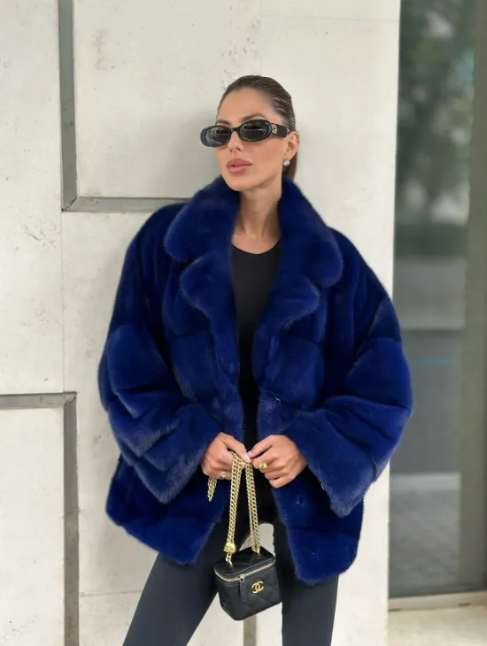 Норковая велюровая шуба  - автоледи в синем цвете
