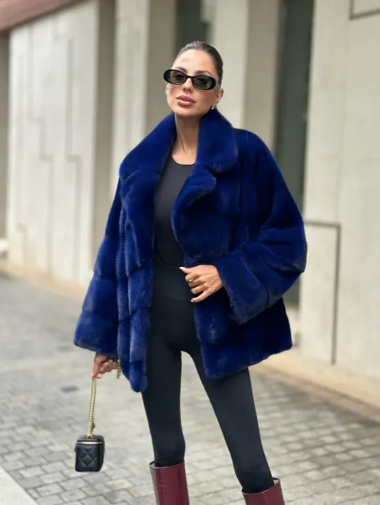 Норковая велюровая шуба  - автоледи в синем цвете