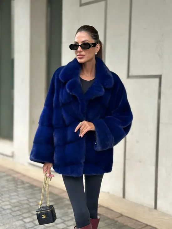 Норковая велюровая шуба  - автоледи в синем цвете