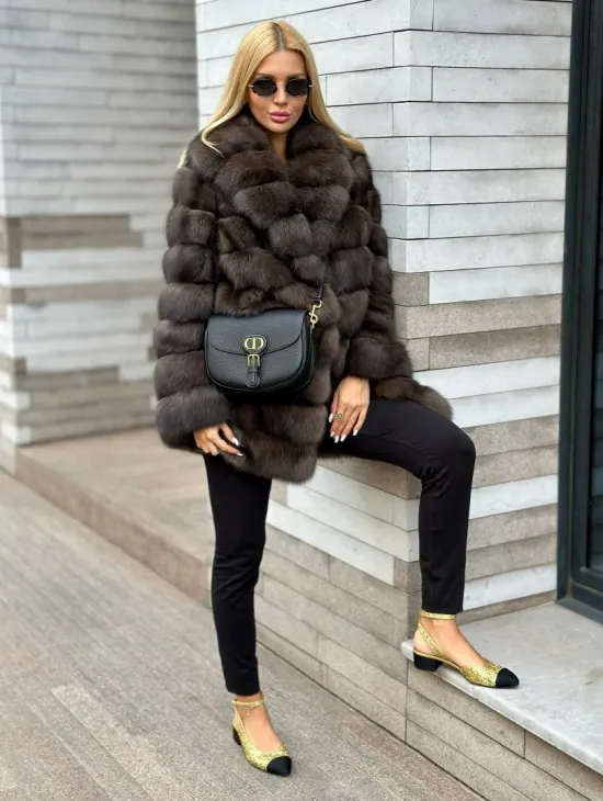 Полушубок-жакет из соболя воротник шаль седина 1/2