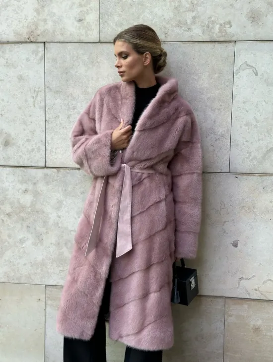 Шуба норковая с поясом - цвет розовый фламинго