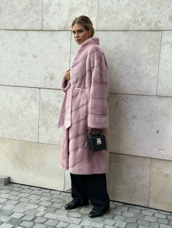 Шуба норковая с поясом - цвет розовый фламинго