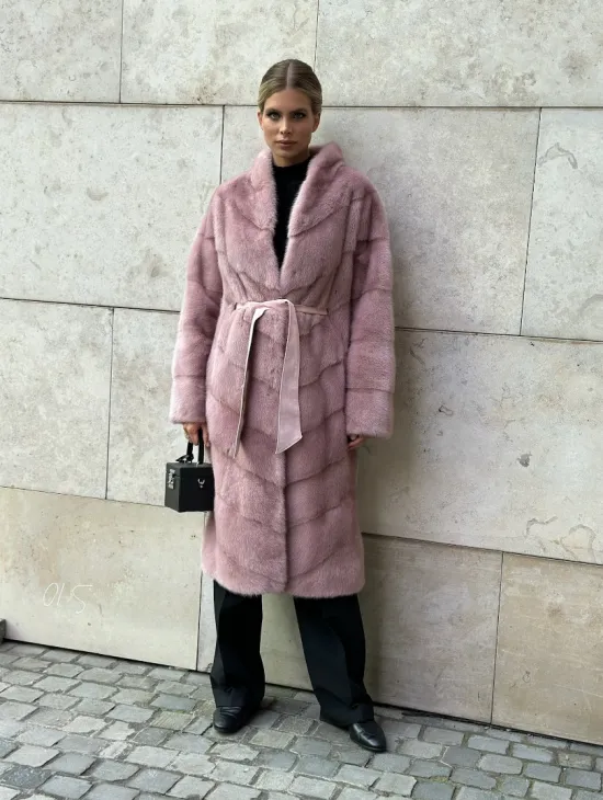 Шуба норковая с поясом - цвет розовый фламинго