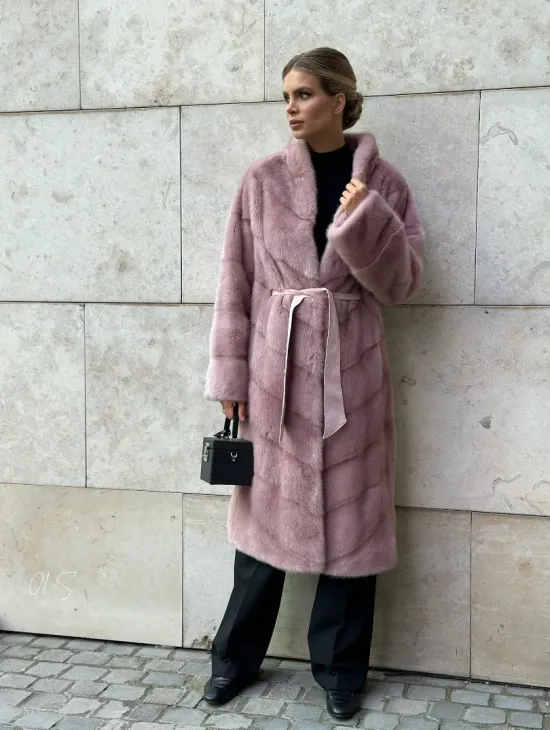 Шуба норковая с поясом - цвет розовый фламинго