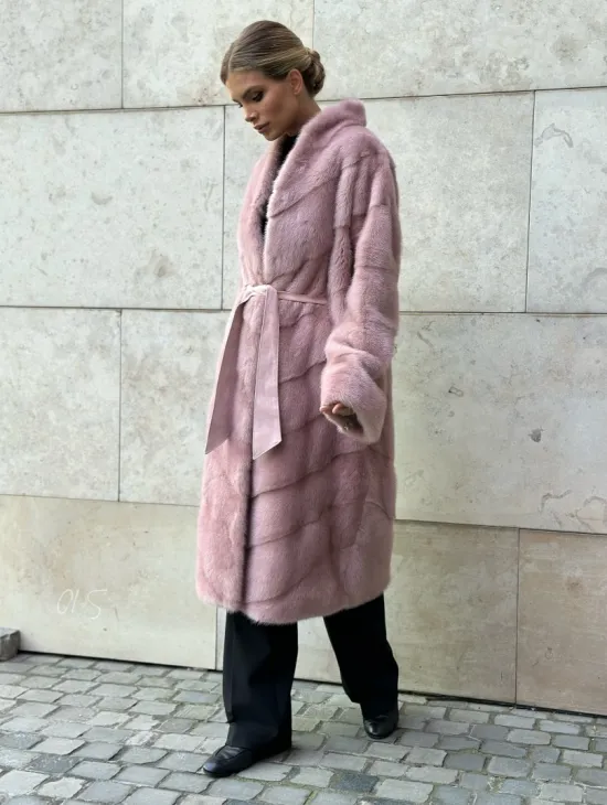 Шуба норковая с поясом - цвет розовый фламинго