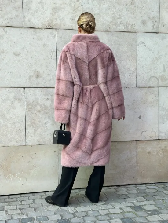 Шуба норковая с поясом - цвет розовый фламинго