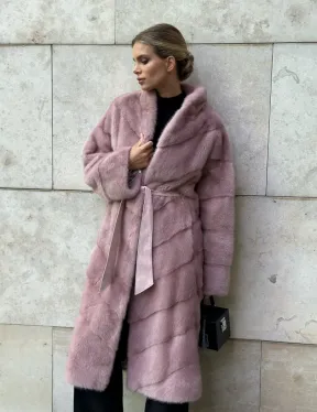 Шуба норковая с поясом - цвет розовый фламинго