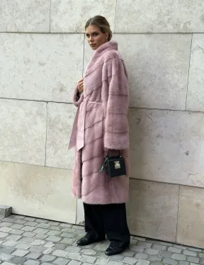 Шуба норковая с поясом - цвет розовый фламинго