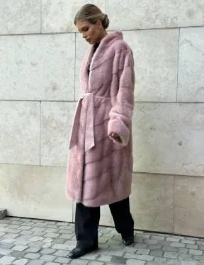 Шуба норковая с поясом - цвет розовый фламинго