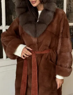 Эксклюзивная норковая шуба с капюшоном из куницы - цвет терракотовый