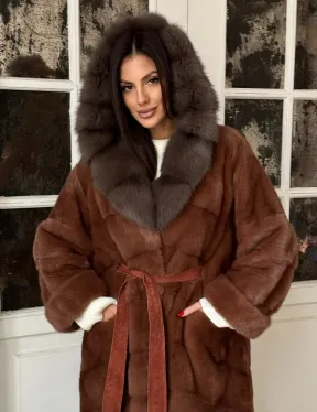 Эксклюзивная норковая шуба с капюшоном из куницы - цвет терракотовый