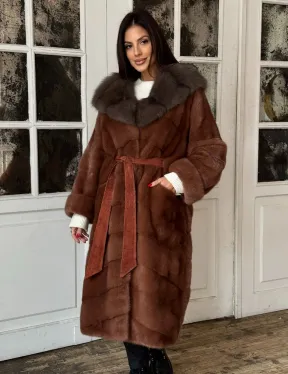 Эксклюзивная норковая шуба с капюшоном из куницы - цвет терракотовый