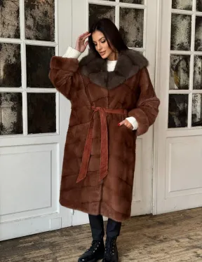 Эксклюзивная норковая шуба с капюшоном из куницы - цвет терракотовый