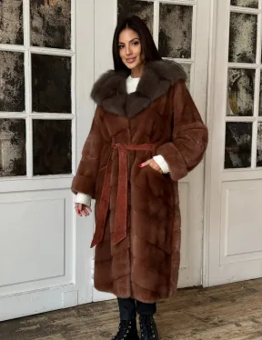 Эксклюзивная норковая шуба с капюшоном из куницы - цвет терракотовый