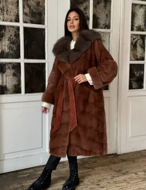 Эксклюзивная норковая шуба с капюшоном из куницы - цвет терракотовый