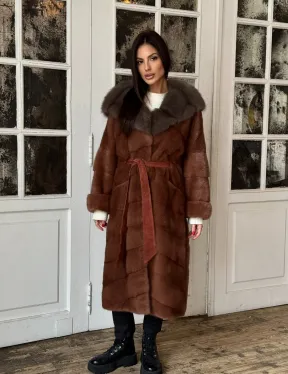 Эксклюзивная норковая шуба с капюшоном из куницы - цвет терракотовый