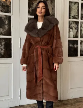 Эксклюзивная норковая шуба с капюшоном из куницы - цвет терракотовый