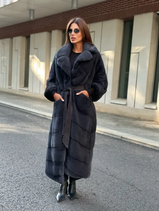 Графит длинная шуба из меха плюшевой норки VELVET