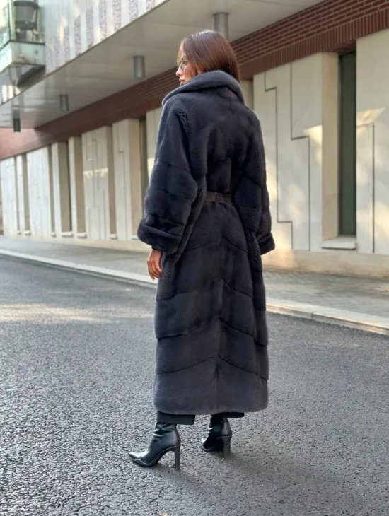 Графит длинная шуба из меха плюшевой норки VELVET