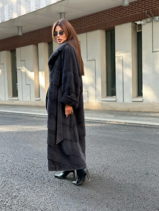 Графит длинная шуба из меха плюшевой норки VELVET