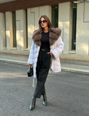 Шуба норковая с капюшоном из меха куницы - цвет жемчуг