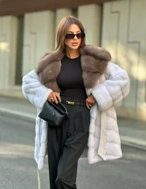 Шуба норковая с капюшоном из меха куницы - цвет жемчуг