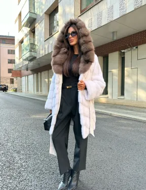 Шуба норковая с капюшоном из меха куницы - цвет жемчуг