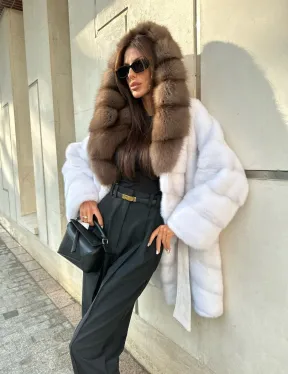 Шуба норковая с капюшоном из меха куницы - цвет жемчуг