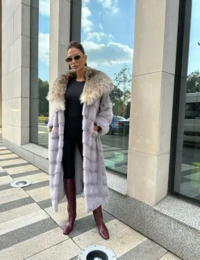 норковая шуба с капюшоном из меха рыси цвет серый сапфир