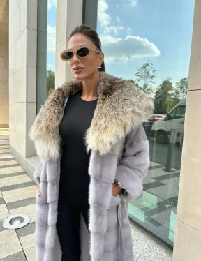 норковая шуба с капюшоном из меха рыси цвет серый сапфир