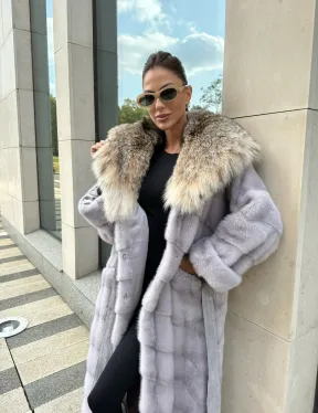 норковая шуба с капюшоном из меха рыси цвет серый сапфир