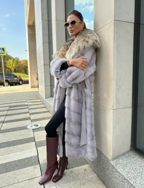 норковая шуба с капюшоном из меха рыси цвет серый сапфир